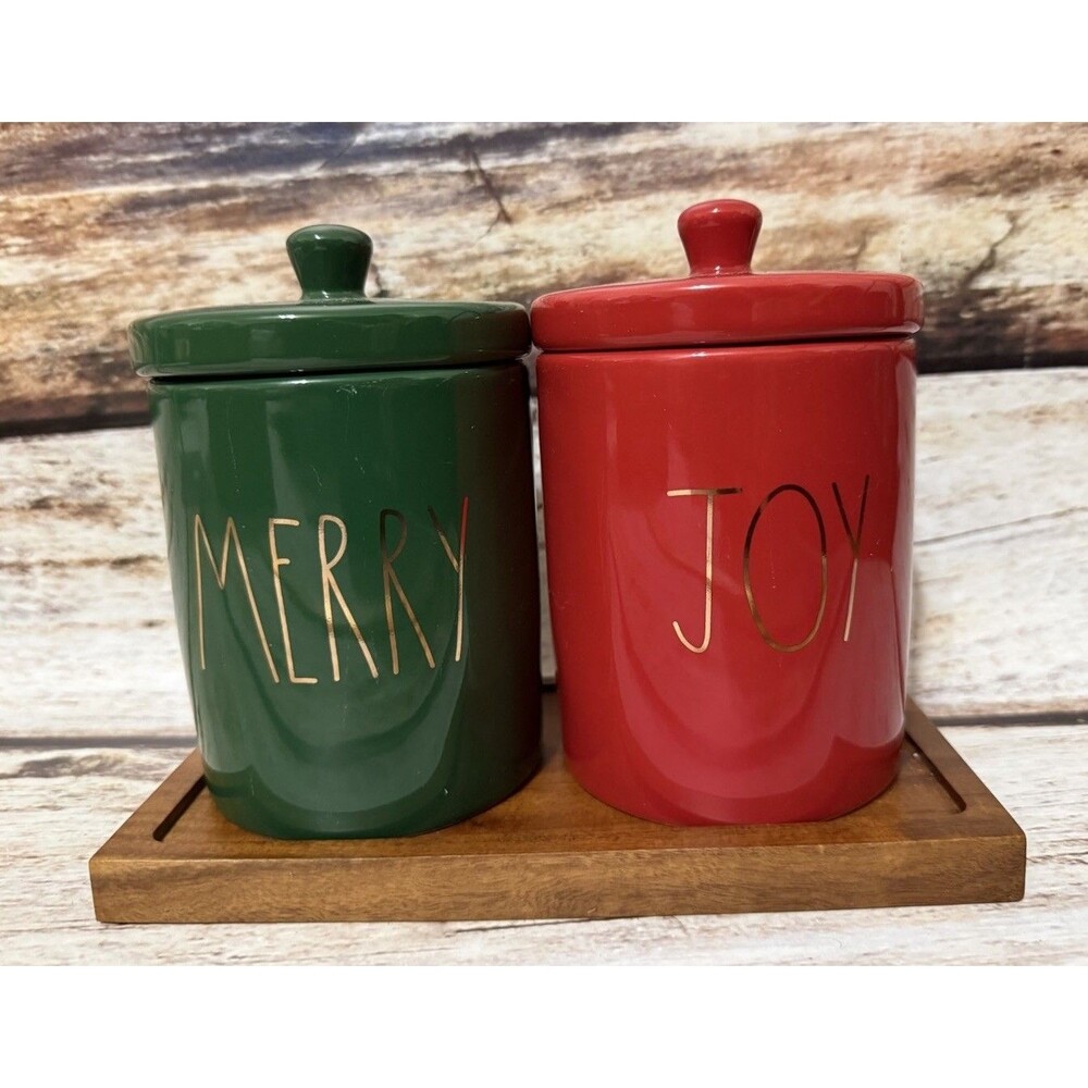 Rae Dunn 3 Pcs Joy & Merry Red Green Container Set Gold Letters & Wood Base